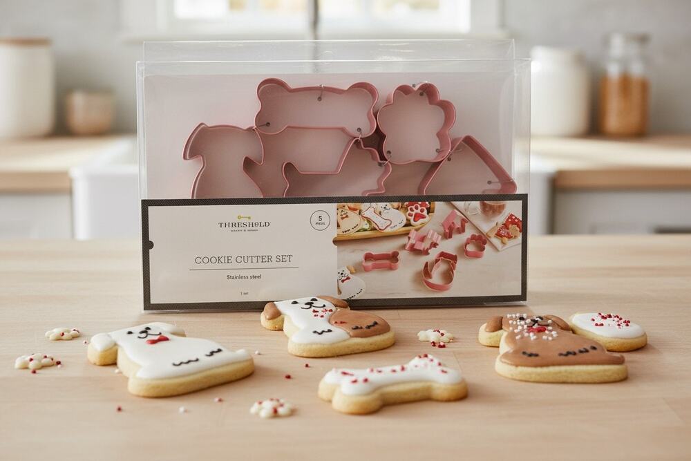 NEW Threshold Pink Dog Puppy Paw Bone 5 Piece Stainless Steel Cookie Cutters